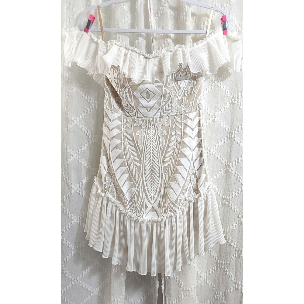 Saints + Secrets White Lace Off-The-Shoulder Ruffle Mini Dress US XS AU 6